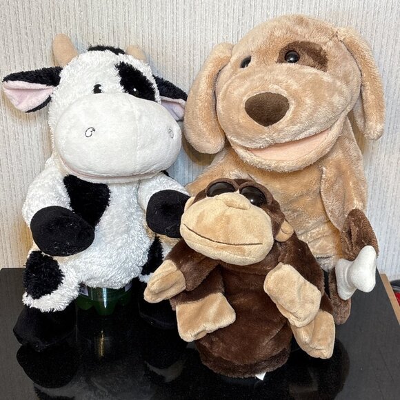 Playful Puppet Lot of 3 Gund Brown Dog No Bones Caltoy Monkey Aurora Cow Pretend - Picture 1 of 13